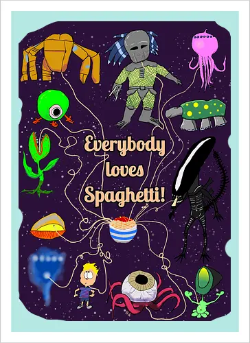 Everybody loves Spaghetti! - Spaghetti, Aliens, Xenomorph, Predator, Trypanohyncha_ocellus, Rocky, Pasta, Nudeln - Kunstdruck
