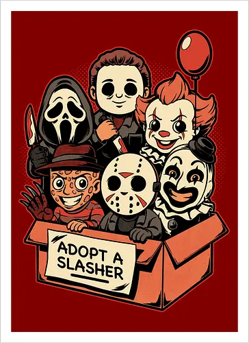 Adopt Slash Horror - Killer, Assassin, Gore, Halloween, Halloween Movie, Halloween Movies, Friday, vintage, Ghost, Clown, Evil Clown, Nightmare, Adoption, Adopt, Pet Adoption, Adopt Me, Slasher, Slash, Classic Horror, Horror, Horror Comedy, Horror Movies, Horror Movie, 80s Horror, Survival Horror, Cosmic Horror, Horror Fan Art, Cute Horror, Horror Aesthetic, Movies, Movie, Classic Movie, Classic, Classic Movies, Survival, Survive, Fan Art, Mashup, Cute, Spooky Season, Spooky, Spooky Cute, Spooky Art, Spooky, Creepy Monsters, Creepy, Monsters, Monster, Scary Movie, Scary, Scary Art, Serial Killer, retro - Kunstdruck