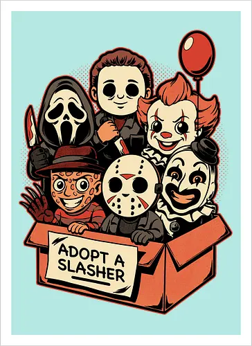 Adopt Slash Horror - Killer, Assassin, Gore, Halloween, Halloween Movie, Halloween Movies, Friday, vintage, Ghost, Clown, Evil Clown, Nightmare, Adoption, Adopt, Pet Adoption, Adopt Me, Slasher, Slash, Classic Horror, Horror, Horror Comedy, Horror Movies, Horror Movie, 80s Horror, Survival Horror, Cosmic Horror, Horror Fan Art, Cute Horror, Horror Aesthetic, Movies, Movie, Classic Movie, Classic, Classic Movies, Survival, Survive, Fan Art, Mashup, Cute, Spooky Season, Spooky, Spooky Cute, Spooky Art, Spooky, Creepy Monsters, Creepy, Monsters, Monster, Scary Movie, Scary, Scary Art, Serial Killer, retro - Kunstdruck