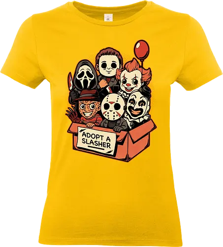 Adopt Slash Horror - Killer, Assassin, Gore, Halloween, Halloween Movie, Halloween Movies, Friday, vintage, Ghost, Clown, Evil Clown, Nightmare, Adoption, Adopt, Pet Adoption, Adopt Me, Slasher, Slash, Classic Horror, Horror, Horror Comedy, Horror Movies, Horror Movie, 80s Horror, Survival Horror, Cosmic Horror, Horror Fan Art, Cute Horror, Horror Aesthetic, Movies, Movie, Classic Movie, Classic, Classic Movies, Survival, Survive, Fan Art, Mashup, Cute, Spooky Season, Spooky, Spooky Cute, Spooky Art, Spooky, Creepy Monsters, Creepy, Monsters, Monster, Scary Movie, Scary, Scary Art, Serial Killer, retro - Standard T-Shirt (Frauen)