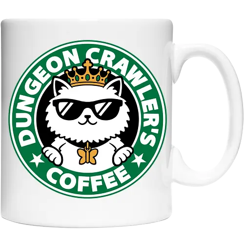Dungeon Crawler Coffee - Coffee Time, Nerd, Geek, Fantasy, Adventure, Rpg, Litrpg, Book, Books, Bookworm, Science Fantasy, Science Fiction, Scifi, Cat, Pet, Donut, Funny, Post-apocalyptic, Apocalypse, Post Apocalyptic, Apocalyptic Cats, Postapocalypse, Post-apocalypse, Poster, Parody, Mashup, Logo, Graphic Design, Coffee, Coffee Shop - Keramiktasse