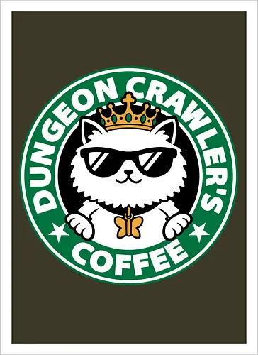 Dungeon Crawler Coffee - Coffee Time, Nerd, Geek, Fantasy, Adventure, Rpg, Litrpg, Book, Books, Bookworm, Science Fantasy, Science Fiction, Scifi, Cat, Pet, Donut, Funny, Post-apocalyptic, Apocalypse, Post Apocalyptic, Apocalyptic Cats, Postapocalypse, Post-apocalypse, Poster, Parody, Mashup, Logo, Graphic Design, Coffee, Coffee Shop - Kunstdruck