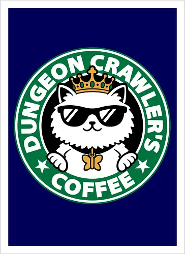 Dungeon Crawler Coffee - Coffee Time, Nerd, Geek, Fantasy, Adventure, Rpg, Litrpg, Book, Books, Bookworm, Science Fantasy, Science Fiction, Scifi, Cat, Pet, Donut, Funny, Post-apocalyptic, Apocalypse, Post Apocalyptic, Apocalyptic Cats, Postapocalypse, Post-apocalypse, Poster, Parody, Mashup, Logo, Graphic Design, Coffee, Coffee Shop - Kunstdruck