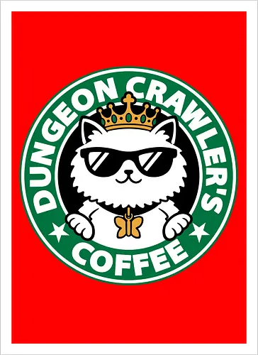 Dungeon Crawler Coffee - Coffee Time, Nerd, Geek, Fantasy, Adventure, Rpg, Litrpg, Book, Books, Bookworm, Science Fantasy, Science Fiction, Scifi, Cat, Pet, Donut, Funny, Post-apocalyptic, Apocalypse, Post Apocalyptic, Apocalyptic Cats, Postapocalypse, Post-apocalypse, Poster, Parody, Mashup, Logo, Graphic Design, Coffee, Coffee Shop - Kunstdruck