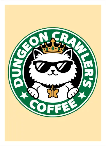 Dungeon Crawler Coffee - Coffee Time, Nerd, Geek, Fantasy, Adventure, Rpg, Litrpg, Book, Books, Bookworm, Science Fantasy, Science Fiction, Scifi, Cat, Pet, Donut, Funny, Post-apocalyptic, Apocalypse, Post Apocalyptic, Apocalyptic Cats, Postapocalypse, Post-apocalypse, Poster, Parody, Mashup, Logo, Graphic Design, Coffee, Coffee Shop - Kunstdruck
