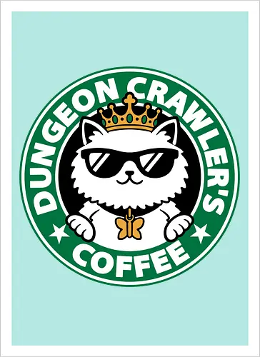 Dungeon Crawler Coffee - Coffee Time, Nerd, Geek, Fantasy, Adventure, Rpg, Litrpg, Book, Books, Bookworm, Science Fantasy, Science Fiction, Scifi, Cat, Pet, Donut, Funny, Post-apocalyptic, Apocalypse, Post Apocalyptic, Apocalyptic Cats, Postapocalypse, Post-apocalypse, Poster, Parody, Mashup, Logo, Graphic Design, Coffee, Coffee Shop - Kunstdruck