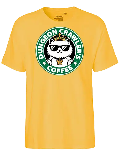 Dungeon Crawler Coffee - Coffee Time, Nerd, Geek, Fantasy, Adventure, Rpg, Litrpg, Book, Books, Bookworm, Science Fantasy, Science Fiction, Scifi, Cat, Pet, Donut, Funny, Post-apocalyptic, Apocalypse, Post Apocalyptic, Apocalyptic Cats, Postapocalypse, Post-apocalypse, Poster, Parody, Mashup, Logo, Graphic Design, Coffee, Coffee Shop - Fairtrade T-Shirt