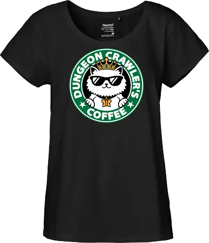 Dungeon Crawler Coffee - Coffee Time, Nerd, Geek, Fantasy, Adventure, Rpg, Litrpg, Book, Books, Bookworm, Science Fantasy, Science Fiction, Scifi, Cat, Pet, Donut, Funny, Post-apocalyptic, Apocalypse, Post Apocalyptic, Apocalyptic Cats, Postapocalypse, Post-apocalypse, Poster, Parody, Mashup, Logo, Graphic Design, Coffee, Coffee Shop - Fairtrade Girl Shirt
