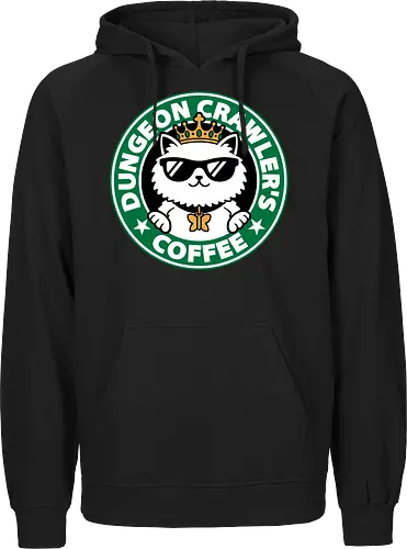 Dungeon Crawler Coffee - Coffee Time, Nerd, Geek, Fantasy, Adventure, Rpg, Litrpg, Book, Books, Bookworm, Science Fantasy, Science Fiction, Scifi, Cat, Pet, Donut, Funny, Post-apocalyptic, Apocalypse, Post Apocalyptic, Apocalyptic Cats, Postapocalypse, Post-apocalypse, Poster, Parody, Mashup, Logo, Graphic Design, Coffee, Coffee Shop - Fairtrade Hoodie