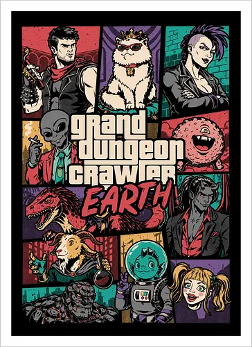 Dungeon Crawler Game - Action, Nerd, Geek, Fantasy, Adventure, Rpg, Litrpg, Book, Books, Bookworm, Science Fantasy, Science Fiction, Scifi, Cat, Pet, Donut, Funny, Post-apocalyptic, Apocalypse, Post Apocalyptic, Apocalyptic Cats, Postapocalypse, Post-apocalypse, Poster, Parody, Dinosaur, Velociraptor, Mashup, Video Games, Video Game, Games, Game, Gang, Gangsters, Gangster - Kunstdruck
