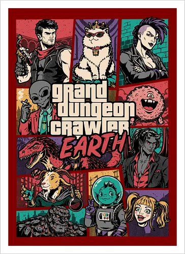 Dungeon Crawler Game - Action, Nerd, Geek, Fantasy, Adventure, Rpg, Litrpg, Book, Books, Bookworm, Science Fantasy, Science Fiction, Scifi, Cat, Pet, Donut, Funny, Post-apocalyptic, Apocalypse, Post Apocalyptic, Apocalyptic Cats, Postapocalypse, Post-apocalypse, Poster, Parody, Dinosaur, Velociraptor, Mashup, Video Games, Video Game, Games, Game, Gang, Gangsters, Gangster - Kunstdruck