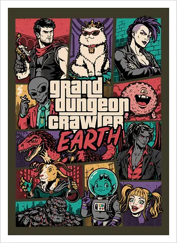 Dungeon Crawler Game - Action, Nerd, Geek, Fantasy, Adventure, Rpg, Litrpg, Book, Books, Bookworm, Science Fantasy, Science Fiction, Scifi, Cat, Pet, Donut, Funny, Post-apocalyptic, Apocalypse, Post Apocalyptic, Apocalyptic Cats, Postapocalypse, Post-apocalypse, Poster, Parody, Dinosaur, Velociraptor, Mashup, Video Games, Video Game, Games, Game, Gang, Gangsters, Gangster - Kunstdruck