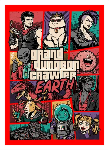 Dungeon Crawler Game - Action, Nerd, Geek, Fantasy, Adventure, Rpg, Litrpg, Book, Books, Bookworm, Science Fantasy, Science Fiction, Scifi, Cat, Pet, Donut, Funny, Post-apocalyptic, Apocalypse, Post Apocalyptic, Apocalyptic Cats, Postapocalypse, Post-apocalypse, Poster, Parody, Dinosaur, Velociraptor, Mashup, Video Games, Video Game, Games, Game, Gang, Gangsters, Gangster - Kunstdruck
