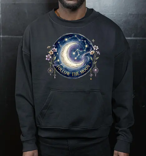 Magic Moon and Stars Night Sky Graphic design - CelestialDesign, MoonAndStars, NightSkyArt, StarryNight, CosmicVibes, MagicMoon, AstronomyLover, DreamyAesthetic, NightSkyDesign - Cropped Sweatshirt