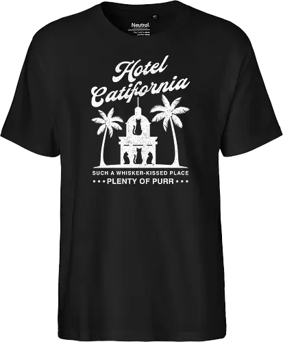 Hotel Catifornia - tropical cat, cat vacation, cat life, purr, plenty of purr, whiskers, whisker kissed, black cat, cat silhouette, retro parody, vintage hotel, hotel catifornia, cat lover, funny cat, retro cat, vintage cat, california cat, cat hotel, feline humor, cat pun, funny cats, palm trees, california vibes, retro california, vintage travel - Fairtrade T-Shirt