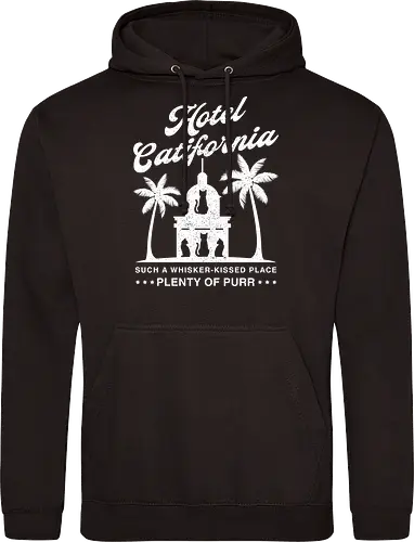 Hotel Catifornia - tropical cat, cat vacation, cat life, purr, plenty of purr, whiskers, whisker kissed, black cat, cat silhouette, retro parody, vintage hotel, hotel catifornia, cat lover, funny cat, retro cat, vintage cat, california cat, cat hotel, feline humor, cat pun, funny cats, palm trees, california vibes, retro california, vintage travel - Standard Hoodie
