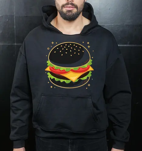 Gothic Craving: The Midnight Burger - funny fast food shirt, black burger shirt, goth food graphic tee, quirky foodie apparel, alternative streetwear fashion, dark aesthetic junk food, minimalist cheeseburger design, pop art food clothing, weird indie graphic tee, midnight snack merch - Cropped Hoodie