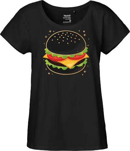 Gothic Craving: The Midnight Burger - funny fast food shirt, black burger shirt, goth food graphic tee, quirky foodie apparel, alternative streetwear fashion, dark aesthetic junk food, minimalist cheeseburger design, pop art food clothing, weird indie graphic tee, midnight snack merch - Fairtrade Girl Shirt