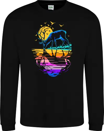 Vaporwave Oasis: The Neon Stag - vaporwave deer shirt, synthwave nature graphic tee, retro 80s outrun apparel, neon sunset clothing, aesthetic animal streetwear, majestic stag design, colorful reflection art, indie hipster fashion, psychedelic nature merch, retro futuristic wilderness - Sweatshirt