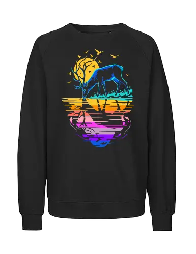 Vaporwave Oasis: The Neon Stag - vaporwave deer shirt, synthwave nature graphic tee, retro 80s outrun apparel, neon sunset clothing, aesthetic animal streetwear, majestic stag design, colorful reflection art, indie hipster fashion, psychedelic nature merch, retro futuristic wilderness - Fairtrade Sweatshirt