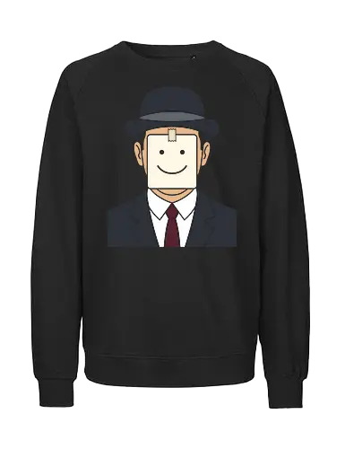 Fake a Smile: The Corporate Magritte - Son of Man graphic tee, aesthetic art history merch, ironic aesthetic tee, Rene Magritte parody shirt, fake smile apparel, corporate burnout clothing, sarcastic office humor, surrealist art streetwear, sticky note smiley face, funny introvert fashion - Fairtrade Sweatshirt