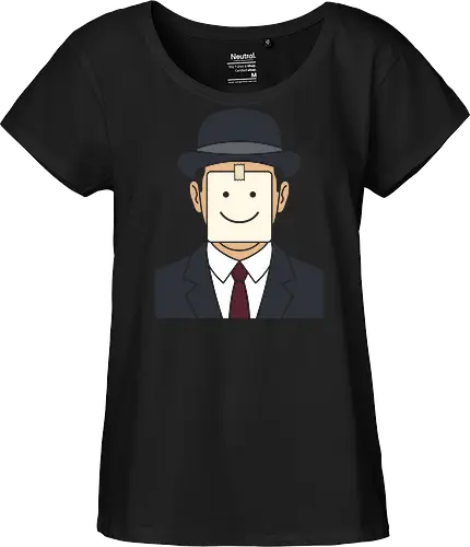 Fake a Smile: The Corporate Magritte - Son of Man graphic tee, aesthetic art history merch, ironic aesthetic tee, Rene Magritte parody shirt, fake smile apparel, corporate burnout clothing, sarcastic office humor, surrealist art streetwear, sticky note smiley face, funny introvert fashion - Fairtrade Girl Shirt