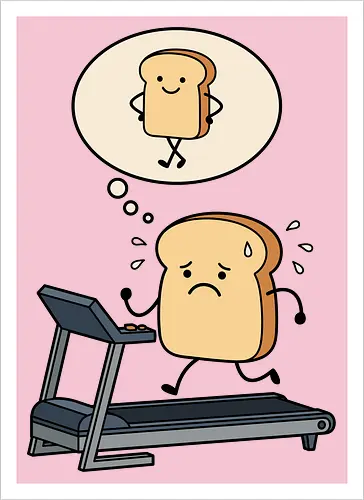 Working on that Crust: The Cardio Carb - sarcastic workout fashion, aesthetic cartoon streetwear, funny workout shirt, bread on treadmill graphic, kawaii fitness apparel, carb lover merch, relatable gym clothing, cute food character tee, fitness motivation humor, toast pun shirt - Kunstdruck