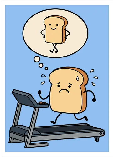 Working on that Crust: The Cardio Carb - sarcastic workout fashion, aesthetic cartoon streetwear, funny workout shirt, bread on treadmill graphic, kawaii fitness apparel, carb lover merch, relatable gym clothing, cute food character tee, fitness motivation humor, toast pun shirt - Kunstdruck