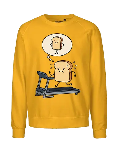 Working on that Crust: The Cardio Carb - sarcastic workout fashion, aesthetic cartoon streetwear, funny workout shirt, bread on treadmill graphic, kawaii fitness apparel, carb lover merch, relatable gym clothing, cute food character tee, fitness motivation humor, toast pun shirt - Fairtrade Sweatshirt
