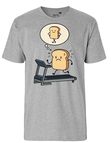 Working on that Crust: The Cardio Carb - sarcastic workout fashion, aesthetic cartoon streetwear, funny workout shirt, bread on treadmill graphic, kawaii fitness apparel, carb lover merch, relatable gym clothing, cute food character tee, fitness motivation humor, toast pun shirt - Fairtrade T-Shirt
