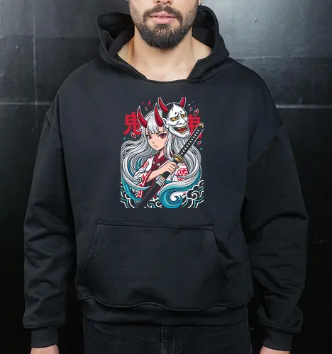 Daughter of the Beast: The Oni Princess - Hannya mask clothing, Yamato shirt, One Piece Wano merch, Oni princess graphic tee, anime warrior girl apparel, Japanese demon mask design, shonen manga streetwear, aesthetic anime fashion, white hair anime girl, epic anime battle tee - Cropped Hoodie