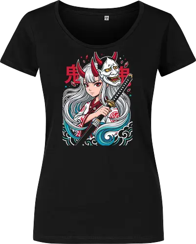Daughter of the Beast: The Oni Princess - Hannya mask clothing, Yamato shirt, One Piece Wano merch, Oni princess graphic tee, anime warrior girl apparel, Japanese demon mask design, shonen manga streetwear, aesthetic anime fashion, white hair anime girl, epic anime battle tee - Damen T-Shirt