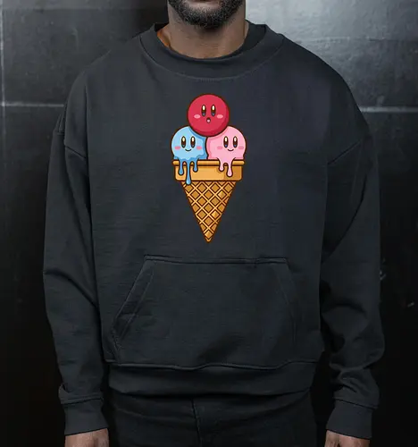 Sweet Dreams: Kawaii Hero Ice Cream - Kirby ice cream shirt, melting ice cream design, anime dessert graphic, kawaii gaming graphic tee, retro Nintendo streetwear, cute food anime apparel, pastel pink gamer fashion, sweet aesthetic clothing, nostalgic platformer merch, funny pop art tee - Cropped Sweatshirt