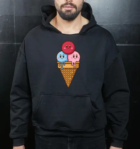 Sweet Dreams: Kawaii Hero Ice Cream - Kirby ice cream shirt, melting ice cream design, anime dessert graphic, kawaii gaming graphic tee, retro Nintendo streetwear, cute food anime apparel, pastel pink gamer fashion, sweet aesthetic clothing, nostalgic platformer merch, funny pop art tee - Cropped Hoodie