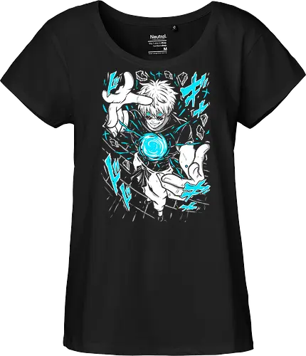 Gojo Satoru Jujutsu Infinity Unleashed - strongest sorcerer, anime fan gift, otaku tee, Gojo Satoru, Jujutsu, Six Eyes, Infinity technique, white hair anime - Fairtrade Girl Shirt