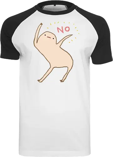 Beige Blob Kreatur Tanzt Dramatische Pose Wort NO - beige Blob Kreatur, gallertartige Meme Figur, unbeholfen tanzender Blob, neutrale komische Mimik, minimalistischer Humor Kunst, rotes zitterndes NO Wort, gelbe komische Funken, absurder Humor Druck, Internet Meme Kultur Shirt, Gen Z Humor Kunst, süßer minimalistischer Blob, ungefilterter Humor Druck, Introvertierter Humor Geschenk, surreale minimalistische Kunst, visuelles Meme Kultur - Raglan T-Shirt