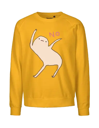 Beige Blob Kreatur Tanzt Dramatische Pose Wort NO - beige Blob Kreatur, gallertartige Meme Figur, unbeholfen tanzender Blob, neutrale komische Mimik, minimalistischer Humor Kunst, rotes zitterndes NO Wort, gelbe komische Funken, absurder Humor Druck, Internet Meme Kultur Shirt, Gen Z Humor Kunst, süßer minimalistischer Blob, ungefilterter Humor Druck, Introvertierter Humor Geschenk, surreale minimalistische Kunst, visuelles Meme Kultur - Fairtrade Sweatshirt