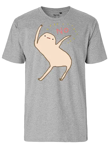 Beige Blob Kreatur Tanzt Dramatische Pose Wort NO - beige Blob Kreatur, gallertartige Meme Figur, unbeholfen tanzender Blob, neutrale komische Mimik, minimalistischer Humor Kunst, rotes zitterndes NO Wort, gelbe komische Funken, absurder Humor Druck, Internet Meme Kultur Shirt, Gen Z Humor Kunst, süßer minimalistischer Blob, ungefilterter Humor Druck, Introvertierter Humor Geschenk, surreale minimalistische Kunst, visuelles Meme Kultur - Fairtrade T-Shirt