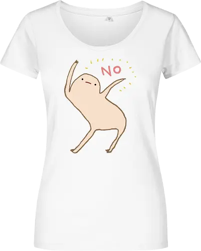 Beige Blob Kreatur Tanzt Dramatische Pose Wort NO - beige Blob Kreatur, gallertartige Meme Figur, unbeholfen tanzender Blob, neutrale komische Mimik, minimalistischer Humor Kunst, rotes zitterndes NO Wort, gelbe komische Funken, absurder Humor Druck, Internet Meme Kultur Shirt, Gen Z Humor Kunst, süßer minimalistischer Blob, ungefilterter Humor Druck, Introvertierter Humor Geschenk, surreale minimalistische Kunst, visuelles Meme Kultur - Damen T-Shirt