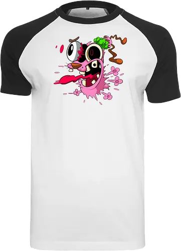 Freaky Pinker Hund Explodierter Kopf - Surreale Horror Cartoon Art - Dark-Cartoon, Popkultur, Retro-Cartoon, Geek-Mode, Courage der feige Hund, Courage the Cowardly Dog, Cartoon Network, John Dilworth, Cartoon-Horror, gruseliger feiger Hund, explodiertes Gesicht, Geek-Kultur, Cartoon Network T-Shirt, Geek-Fashion, 2000er-Animation, surrealer Cartoon, Geek-Geschenk, Horror-Cartoon, Courage rosa Hund, Underground-Kunst - Raglan T-Shirt