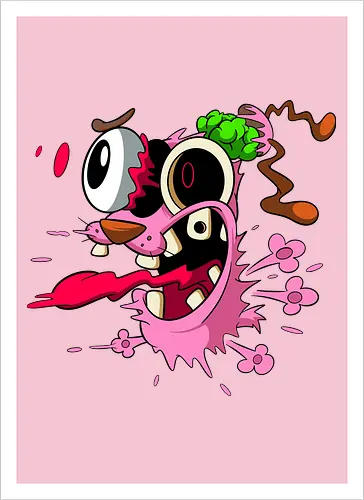Freaky Pinker Hund Explodierter Kopf - Surreale Horror Cartoon Art - Dark-Cartoon, Popkultur, Retro-Cartoon, Geek-Mode, Courage der feige Hund, Courage the Cowardly Dog, Cartoon Network, John Dilworth, Cartoon-Horror, gruseliger feiger Hund, explodiertes Gesicht, Geek-Kultur, Cartoon Network T-Shirt, Geek-Fashion, 2000er-Animation, surrealer Cartoon, Geek-Geschenk, Horror-Cartoon, Courage rosa Hund, Underground-Kunst - Kunstdruck