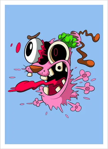 Freaky Pinker Hund Explodierter Kopf - Surreale Horror Cartoon Art - Dark-Cartoon, Popkultur, Retro-Cartoon, Geek-Mode, Courage der feige Hund, Courage the Cowardly Dog, Cartoon Network, John Dilworth, Cartoon-Horror, gruseliger feiger Hund, explodiertes Gesicht, Geek-Kultur, Cartoon Network T-Shirt, Geek-Fashion, 2000er-Animation, surrealer Cartoon, Geek-Geschenk, Horror-Cartoon, Courage rosa Hund, Underground-Kunst - Kunstdruck