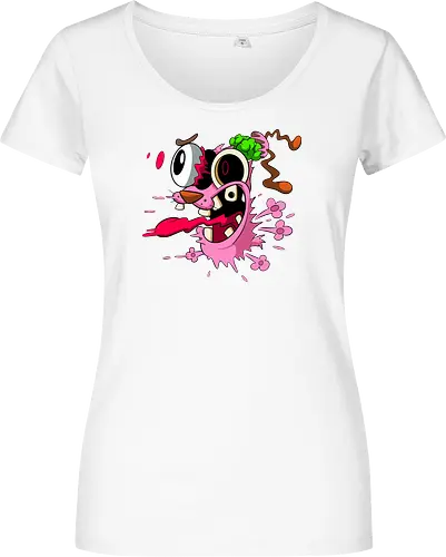 Freaky Pinker Hund Explodierter Kopf - Surreale Horror Cartoon Art - Dark-Cartoon, Popkultur, Retro-Cartoon, Geek-Mode, Courage der feige Hund, Courage the Cowardly Dog, Cartoon Network, John Dilworth, Cartoon-Horror, gruseliger feiger Hund, explodiertes Gesicht, Geek-Kultur, Cartoon Network T-Shirt, Geek-Fashion, 2000er-Animation, surrealer Cartoon, Geek-Geschenk, Horror-Cartoon, Courage rosa Hund, Underground-Kunst - Damen T-Shirt