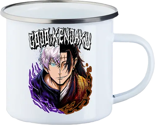Gojo Kenjaku Two Faces One War JJK - Gojo Satoru, Kenjaku, Jujutsu, split face, two enemies, manga duality, anime fan gift, JJK arc art - Emailletasse