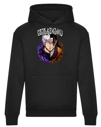 Gojo Kenjaku Two Faces One War JJK - Gojo Satoru, Kenjaku, Jujutsu, split face, two enemies, manga duality, anime fan gift, JJK arc art - Heavyweight Hoodie