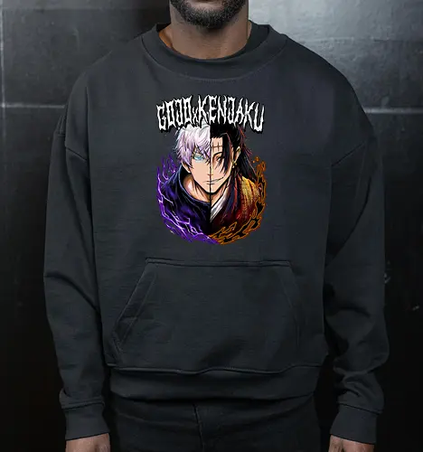Gojo Kenjaku Two Faces One War JJK - Gojo Satoru, Kenjaku, Jujutsu, split face, two enemies, manga duality, anime fan gift, JJK arc art - Cropped Sweatshirt