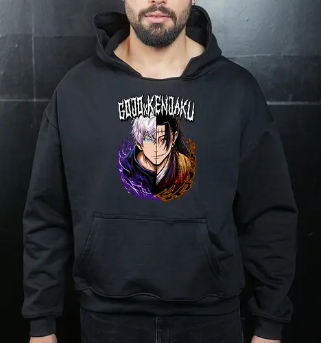 Gojo Kenjaku Two Faces One War JJK - Gojo Satoru, Kenjaku, Jujutsu, split face, two enemies, manga duality, anime fan gift, JJK arc art - Cropped Hoodie