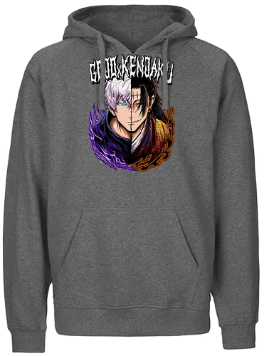 Gojo Kenjaku Two Faces One War JJK - Gojo Satoru, Kenjaku, Jujutsu, split face, two enemies, manga duality, anime fan gift, JJK arc art - Fairtrade Hoodie