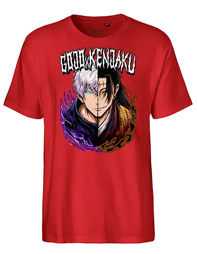 Gojo Kenjaku Two Faces One War JJK - Gojo Satoru, Kenjaku, Jujutsu, split face, two enemies, manga duality, anime fan gift, JJK arc art - Fairtrade T-Shirt