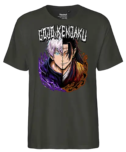 Gojo Kenjaku Two Faces One War JJK - Gojo Satoru, Kenjaku, Jujutsu, split face, two enemies, manga duality, anime fan gift, JJK arc art - Fairtrade T-Shirt